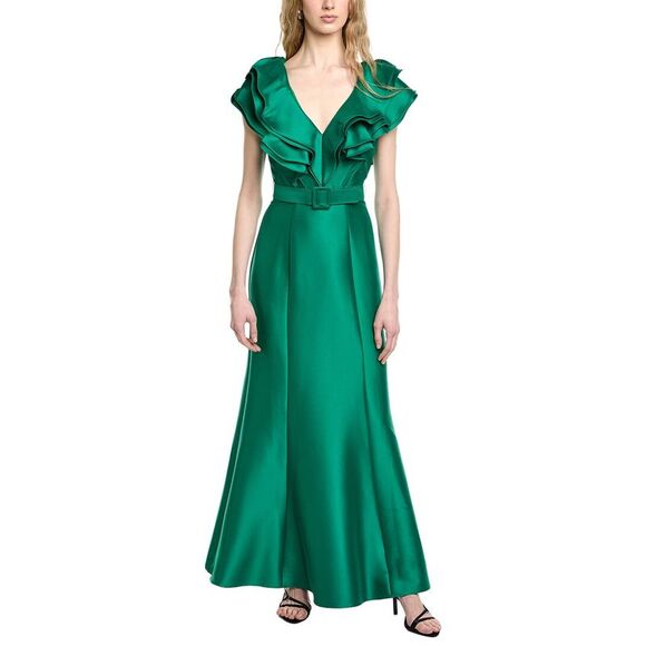 Badgley Mischka WomensV-Neck Ruffle Gown Green